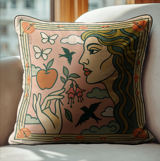 Elegant velvet pillow by NOE MI, luxury cushion with collectible print, designed for stylish interiors across the world.