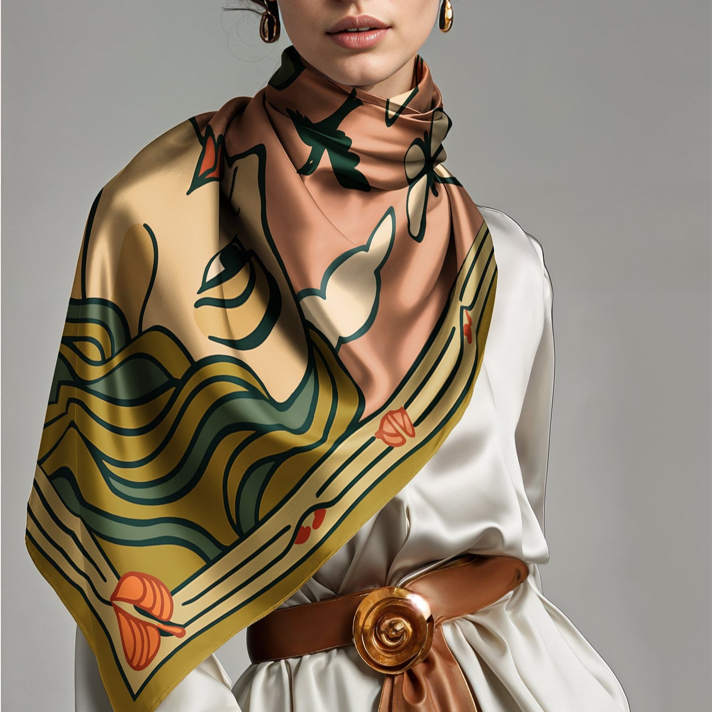 a colorful patterned NOE MI luxury art silk twill scarf in pink, gold and green