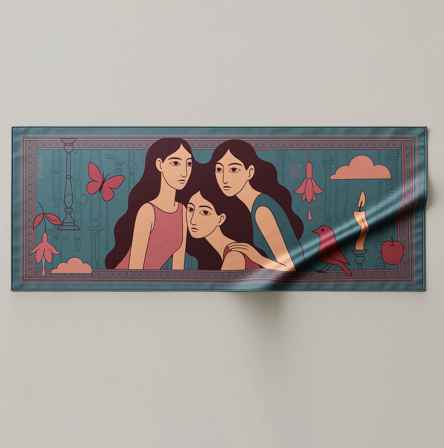 Decorative colorful silk or chiffon pareo/sarong with illustrations of three women and decorative elements on a beige background
