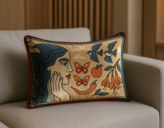 Decorative rectangular luxury velvet pillow/cushion in yellow and blue with artistic design on a beige sofa