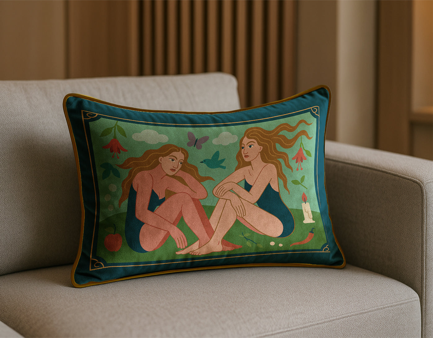 Decorative rectangular luxury velvet pillow/cushion  with artistic design of two women on a beige sofa.