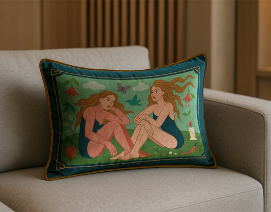 Decorative rectangular luxury velvet pillow/cushion with artistic design of two women on a beige sofa.