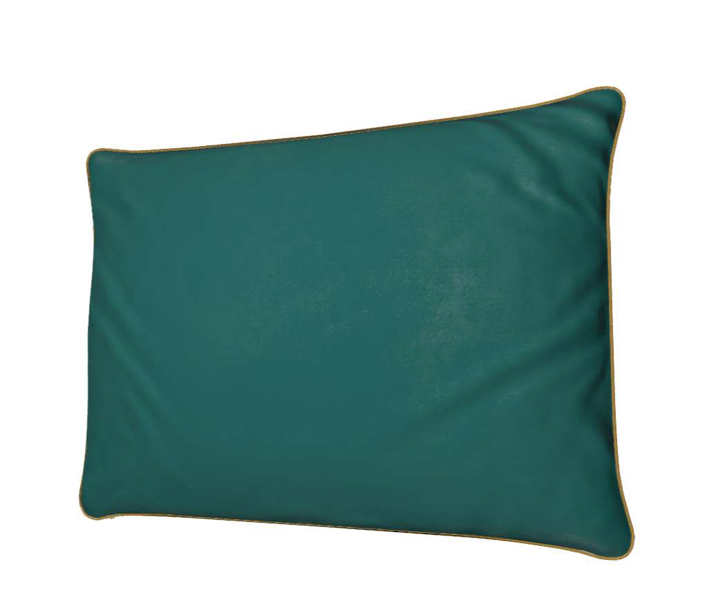 Teal rectangular luxury velvet pillow/cushion with gold trim on a white background