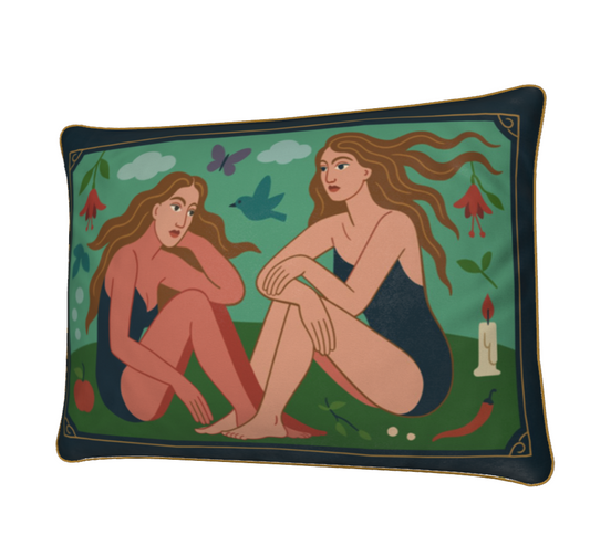 Decorative rectangular luxury velvet pillow/cushion  with artistic design of two women and nature elements on a green background.