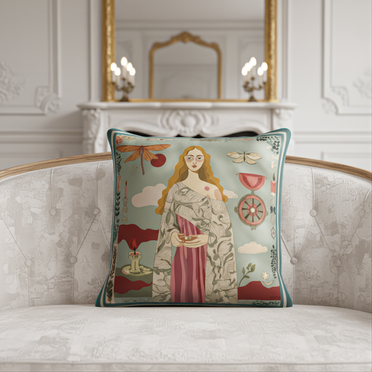 Decorative square art velvet pillow/ cushion by NOE MI with a woman's portrait and nature elements on a sofa.