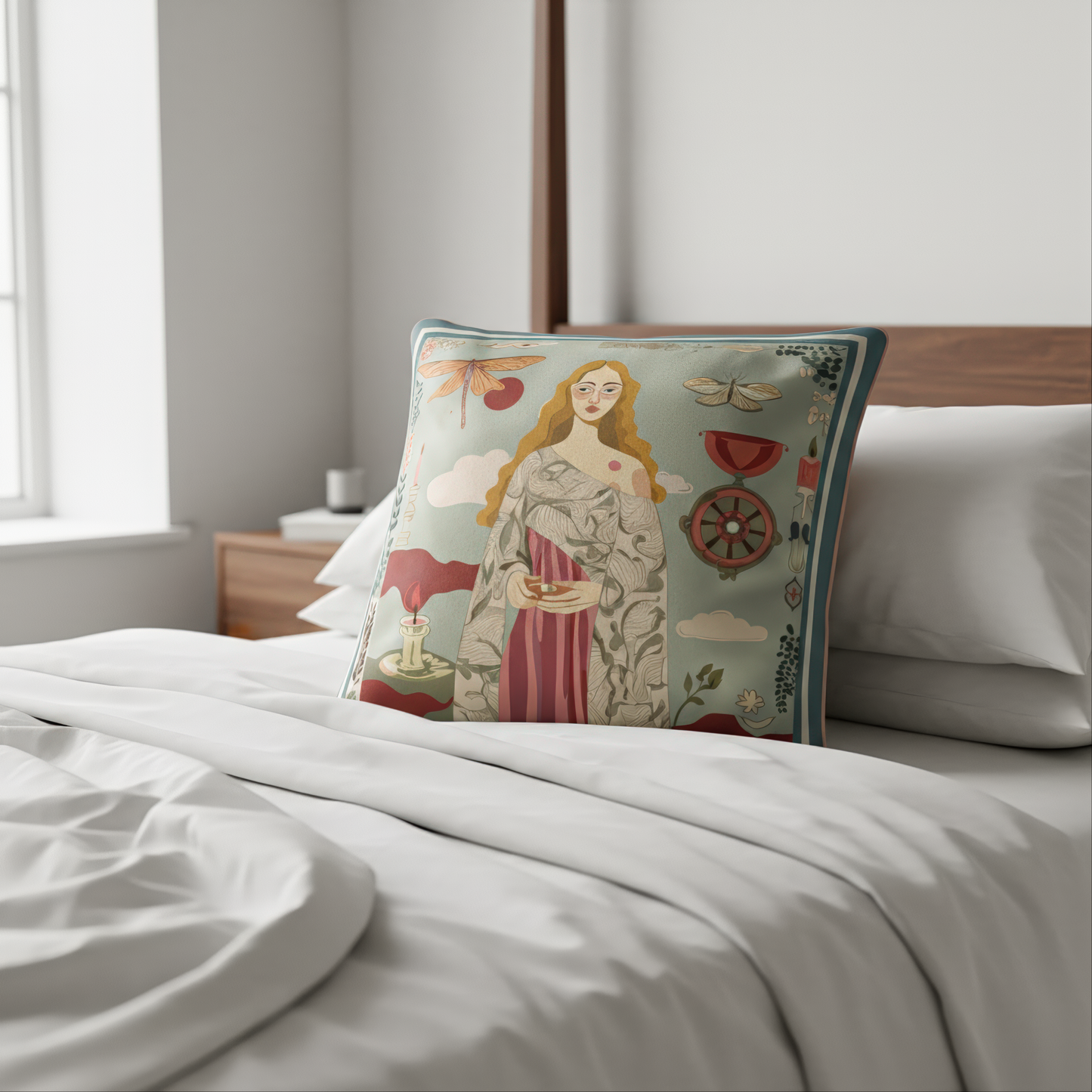 Artistic velvet pillow featuring symbolic nature and feminine storytelling, designed by NOE MI
