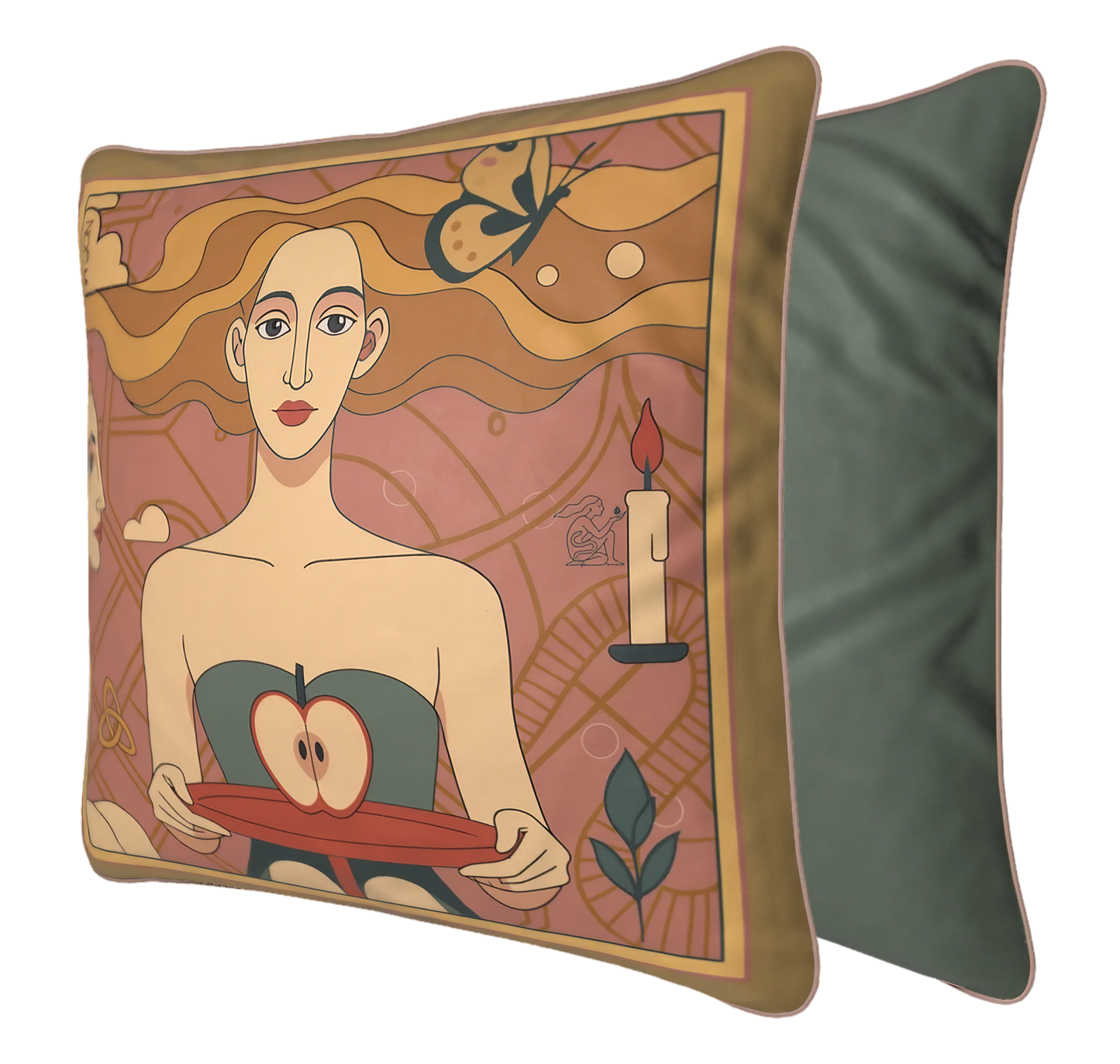 Square designer pillow with unique feminine artwork, "The Forbidden Apple" by NOE MI, showcasing vibrant tones of gold, pink, and deep red, ideal for art lovers seeking emotional and symbolic pieces.