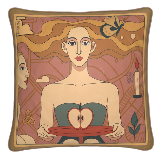 Artistic velvet cushion from NOE MI's collection, showing a mysterious feminine figure offering an apple on a tray, with surreal symbolism in a designer illustration for luxury home décor.