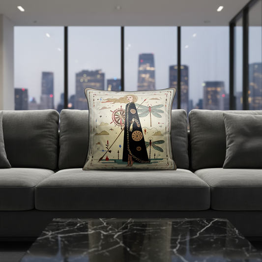 an art-inspired velvet shimmer square cushion that brings both comfort and visual storytelling to your space,  a statement luxurious pillow by NOE MI