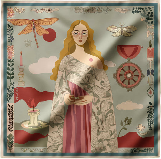 NOE MI silk scarf, luxury square scarf in sage green, wine red, and cream, featuring feminine surreal artwork with candle, dragonfly, and symbolic motifs.