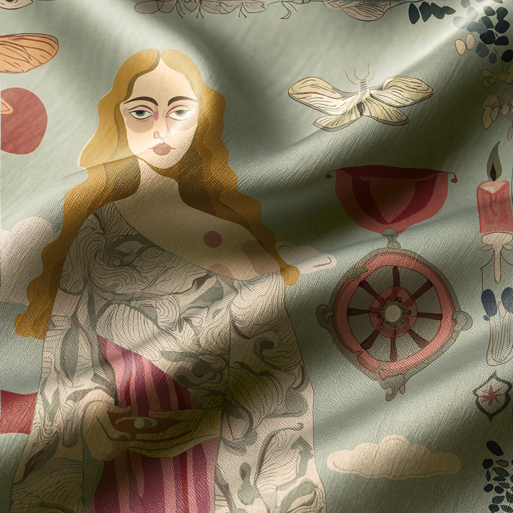 A luxury art silk twill scarf by NOE MI with a printed design of a woman, butterfly, and other elements on a light green background.
