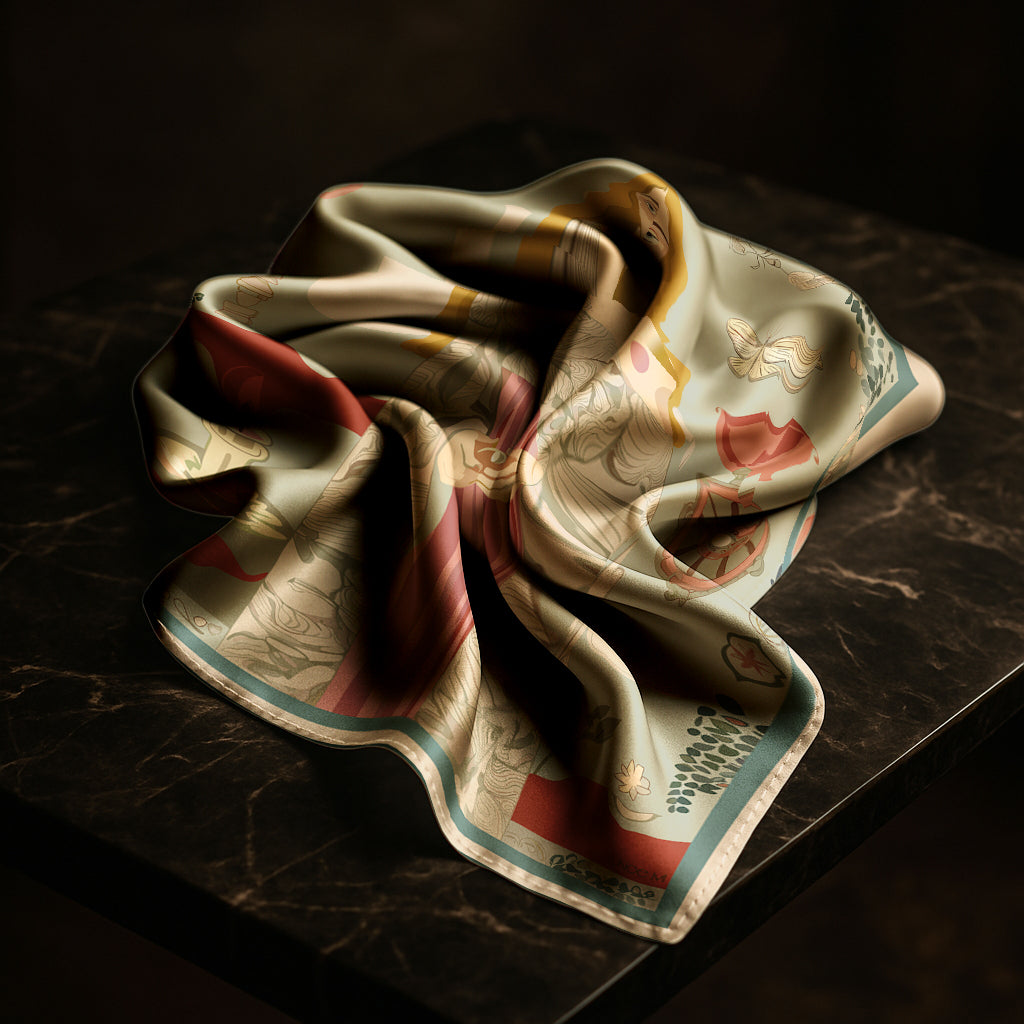 Folded decorative luxury art silk twill scarf by NOE MI with intricate patterns on a dark surface