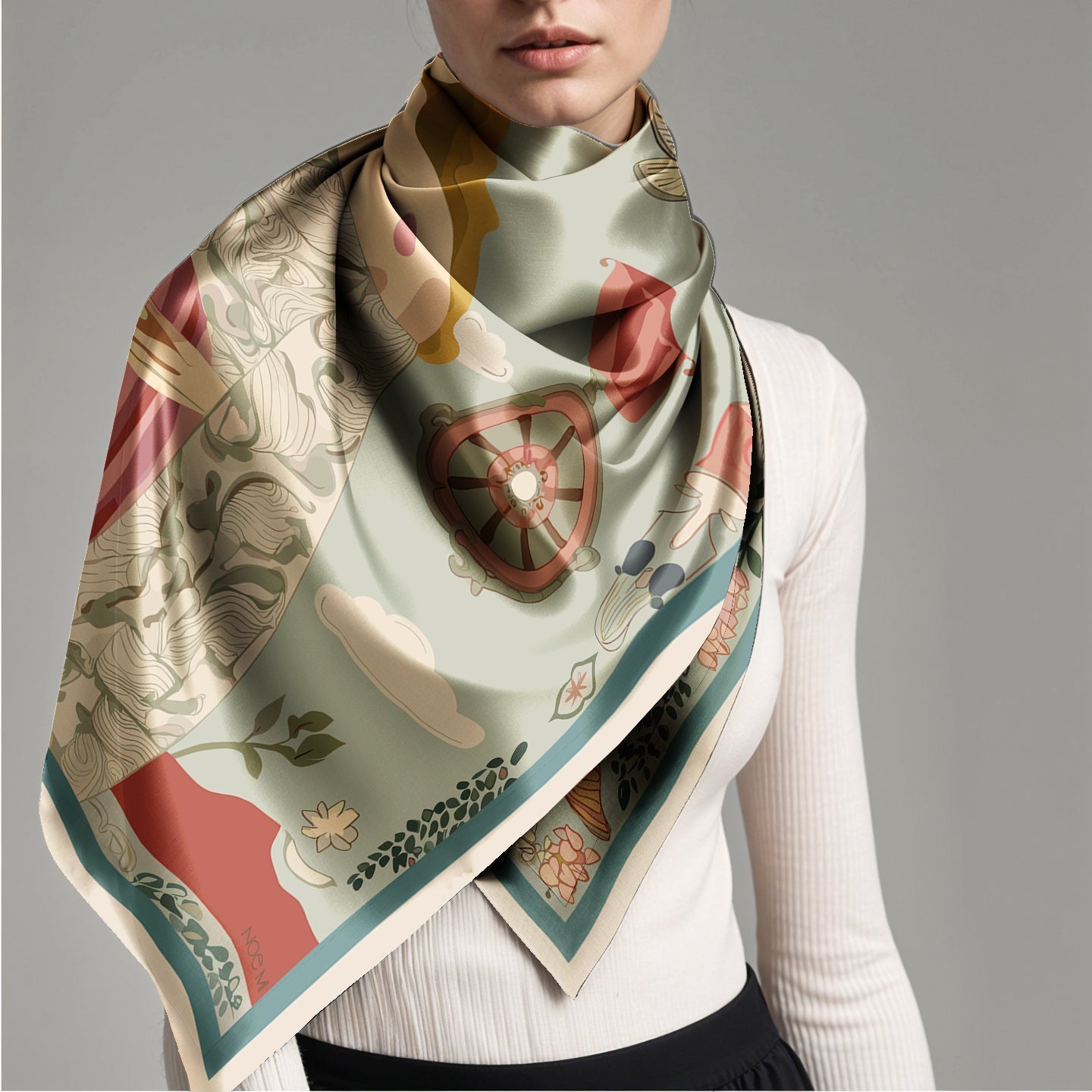 Woman wearing a patterned luxury art silk twill scarf by NOE MI on a gray background