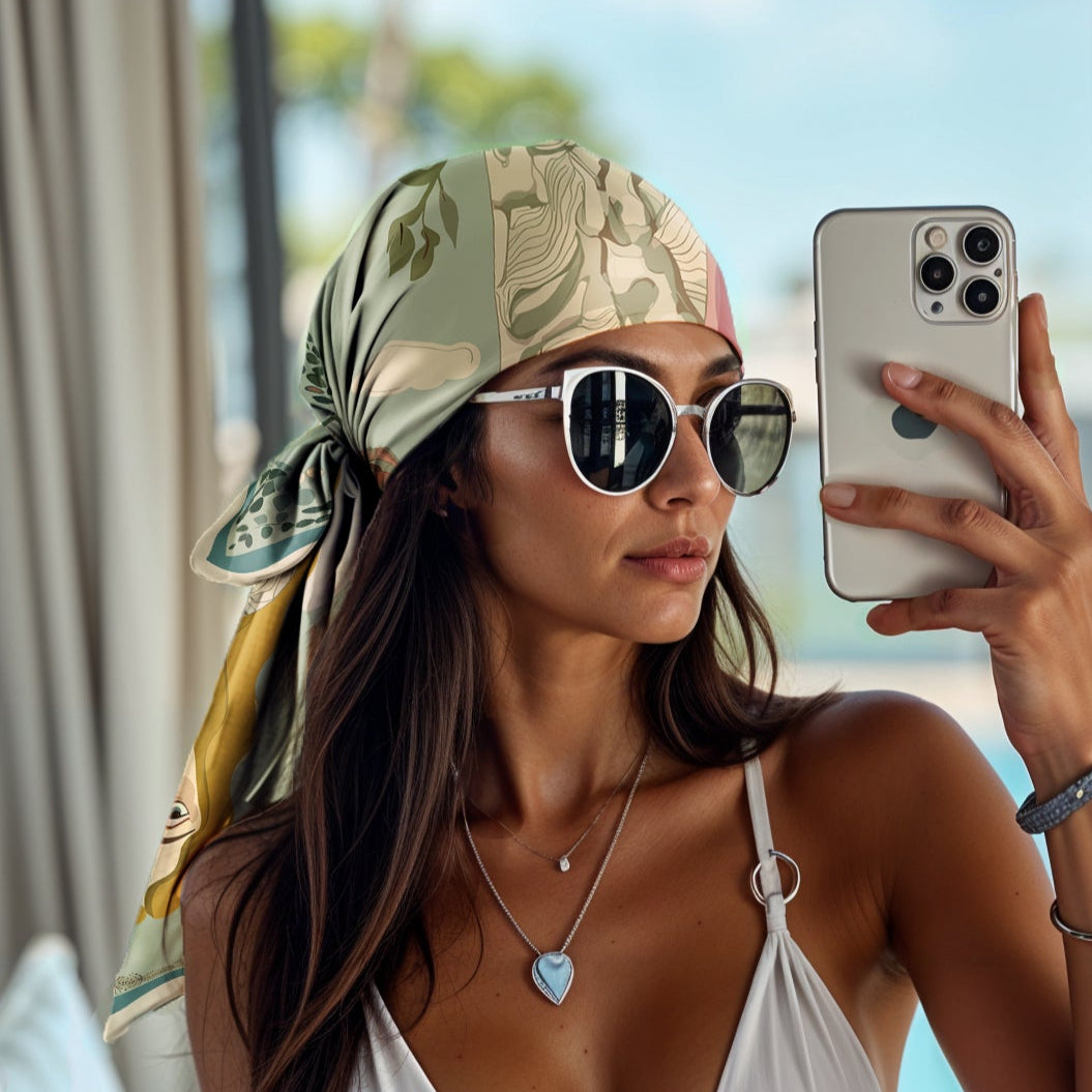 Woman in a white bikini taking a selfie by a pool WEARING A luxury art silk twill scarf by NOE MI ON HER HEAD