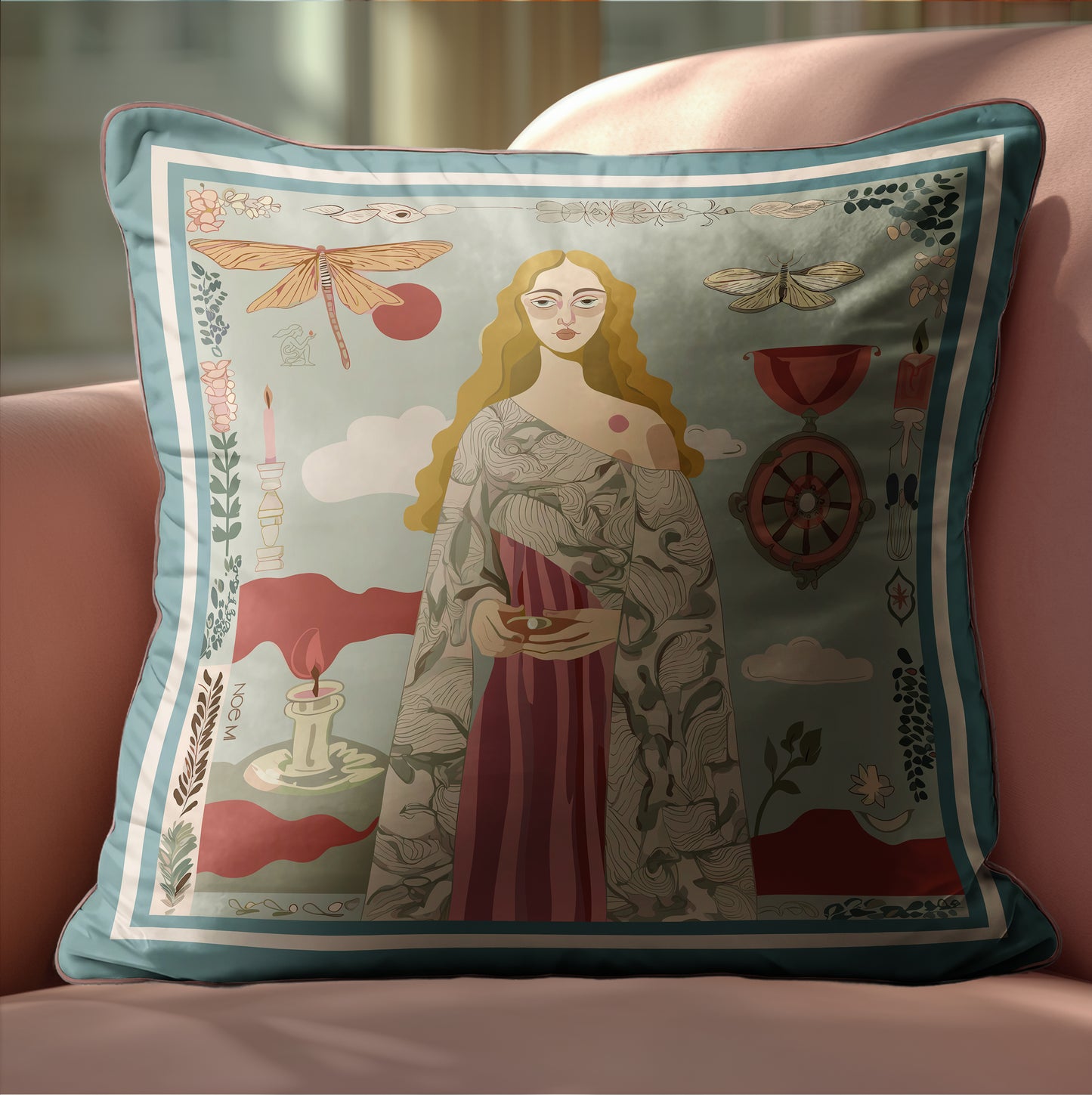 velvet shimmer art cushion with surreal details, Collectible art pillow with figurative female portrait designed by NOE MI