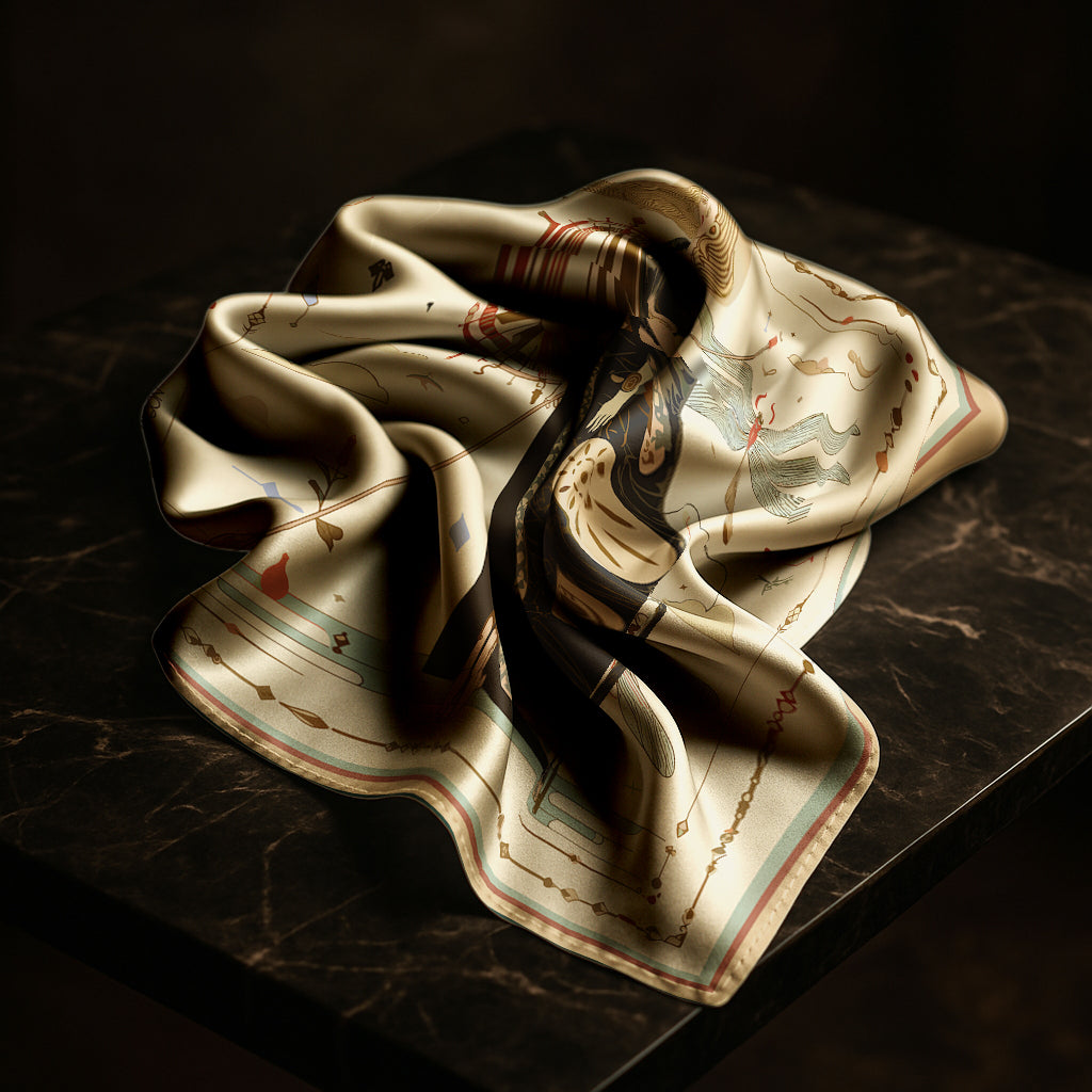 Decorative silk scarf with intricate patterns, by NOE MI