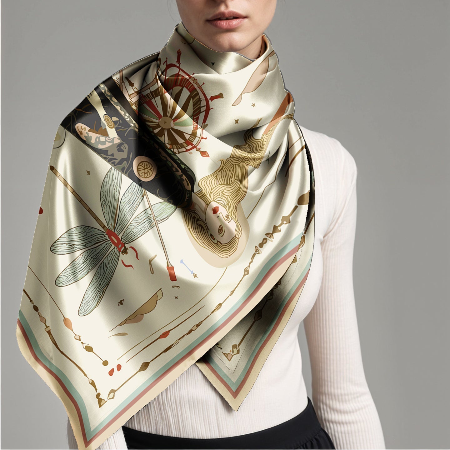 Woman wearing a decorative silk scarf with nature-themed artistic design by NOE MI