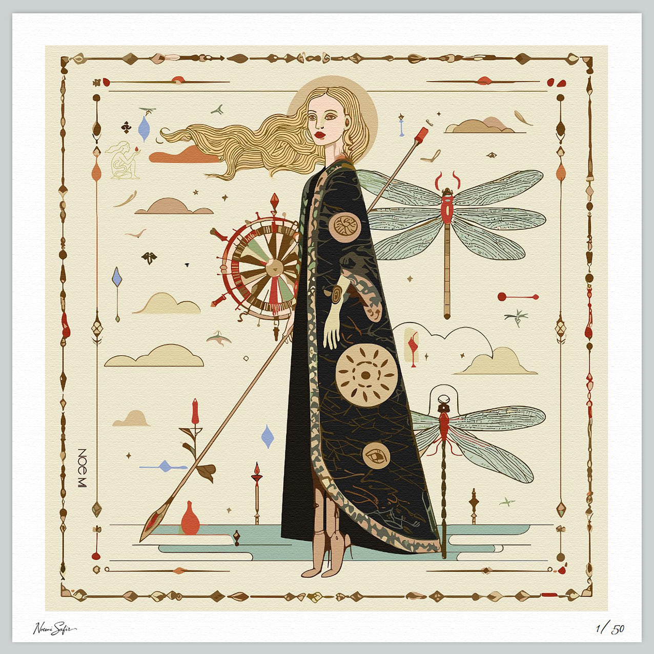 Artistic illustration of a woman in a long black coat with decorative elements like dragonfly, wheel, clouds, candles on a beige background by NOE MI. neutral colors, naive, fantasy, nature, wallart