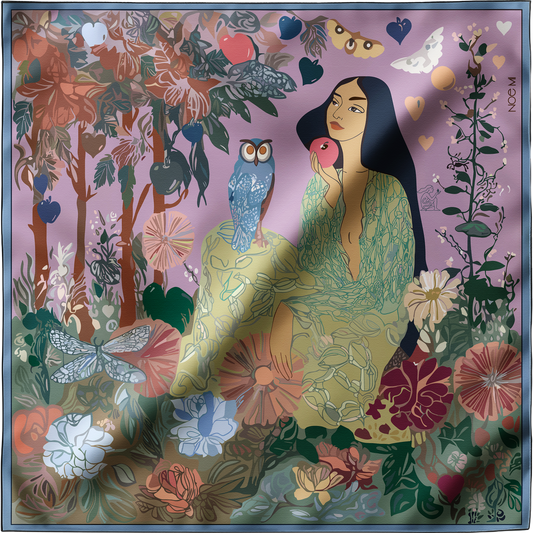 'The Owl Knows' silk scarf by NOE MI, showing intricate botanical motifs, a seated woman in translucent green lace, and a deep purple background