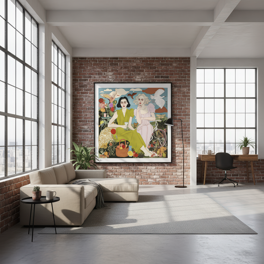 NOE MI fine art print “The Picnic,” showcasing symbolic female connection in an ethereal setting, printed on museum-grade paper for luxury interior decor.