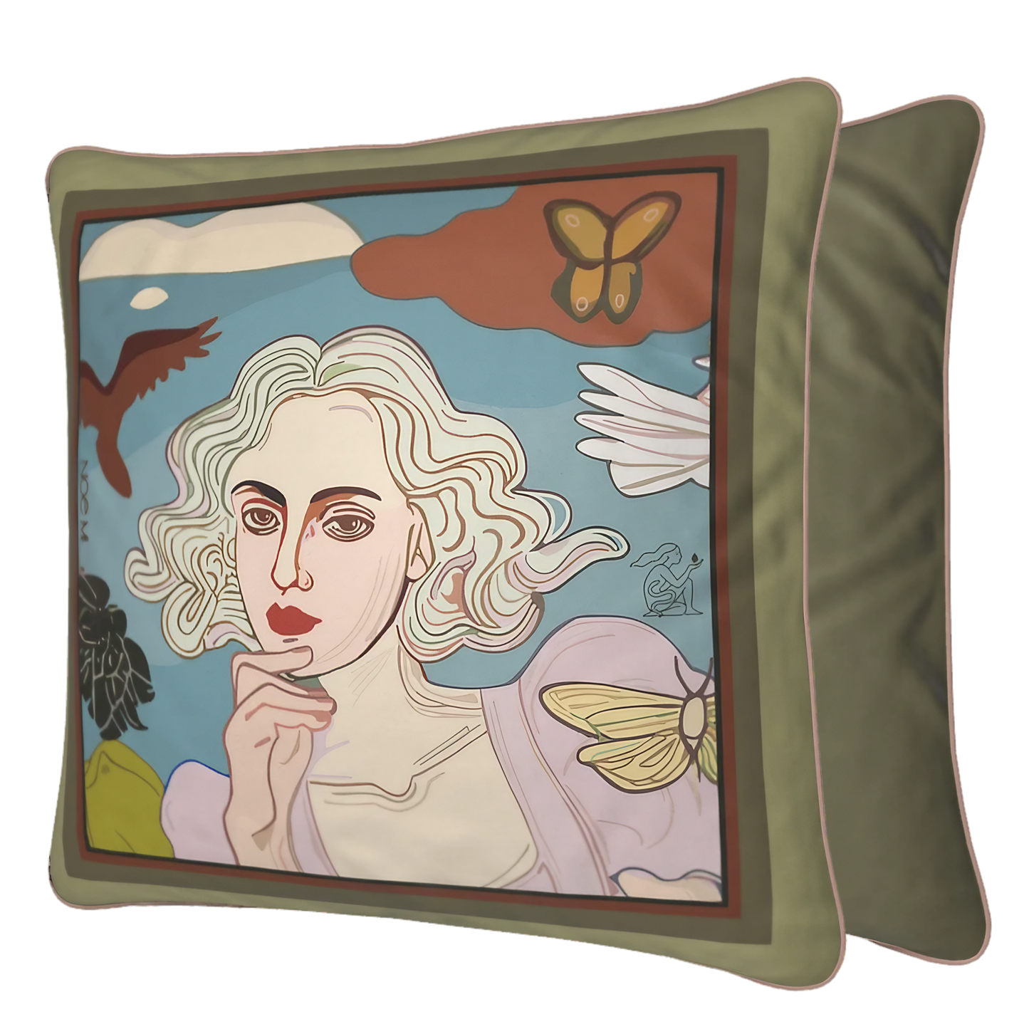 Artistic velvet square pillow with dreamy sky, clouds, and symbolic butterflies. Designed by NOE MI art couture brand