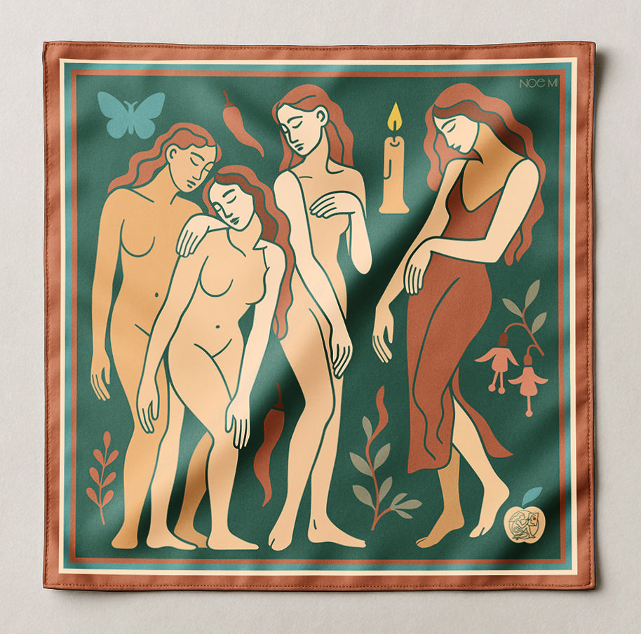 Decorative NOE MI luxury art silk twill scarf in green and brown with artistic depiction of women and nature elements on a green background