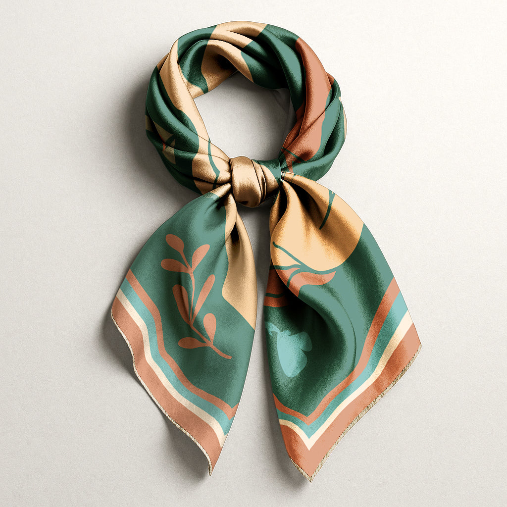 NOE MI luxury art silk twill scarf in green and muted Orange