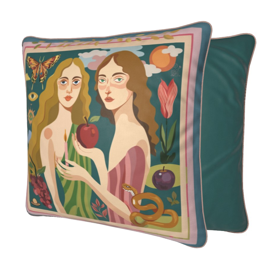 NOE MI designer velvet pillow, luxury decorative cushion with surreal motif, high-end home décor accessory.