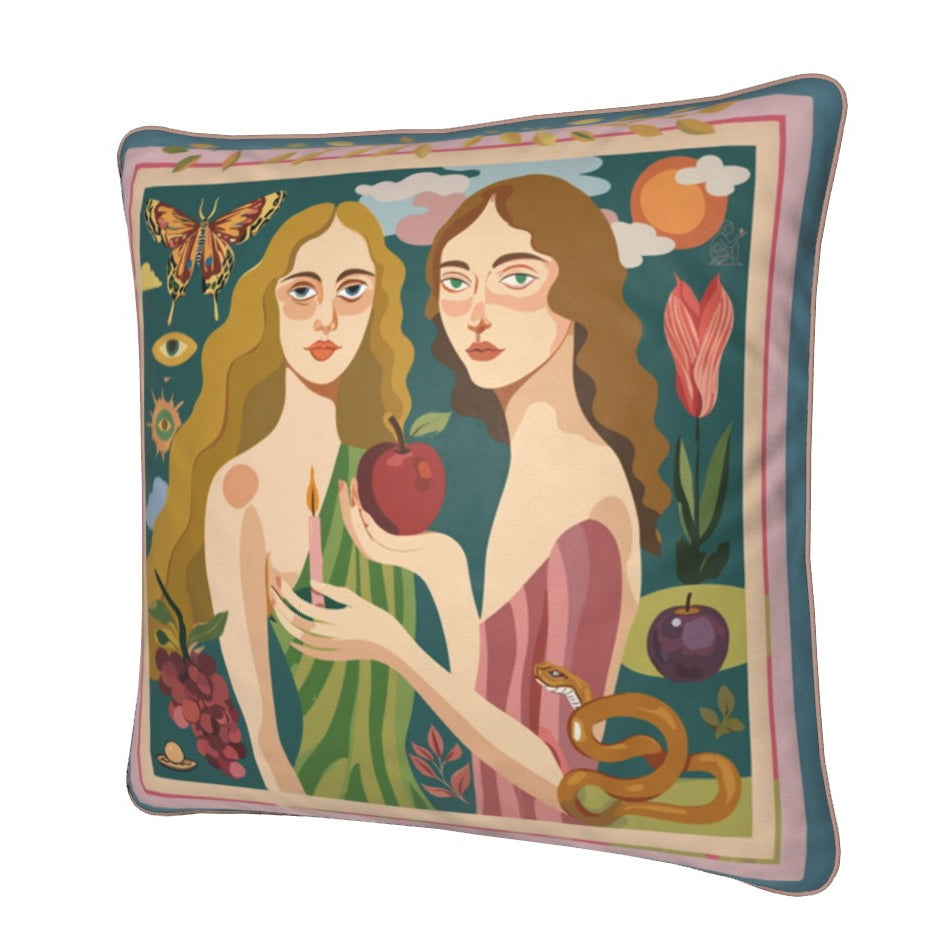 Decorative pillow with artistic depiction of two figures, an apple, a snake, candle, butterfly, grapes, bold colors. designed by NOE MI