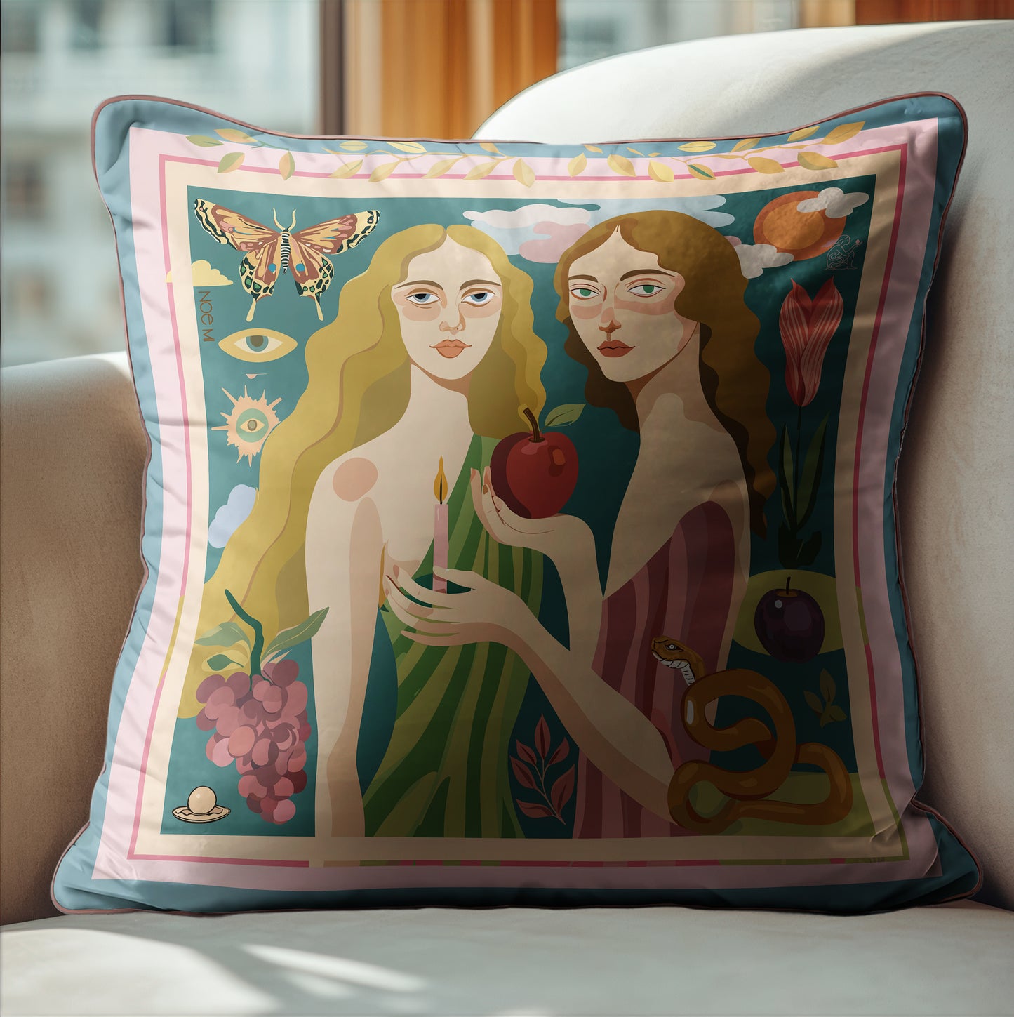 Luxury home décor cushion of two women in a surreal background designed by NOE MI