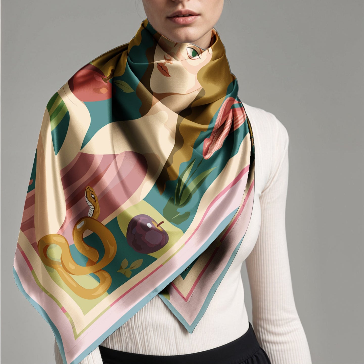Woman wearing a colorful luxury art silk twill scarf with a pattern on a gray background
like hermes and dior