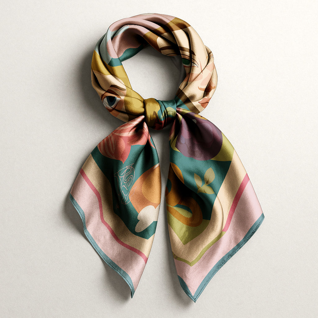 Colorful patterned luxury art silk twill scarf on a light gray background
like hermes and dior