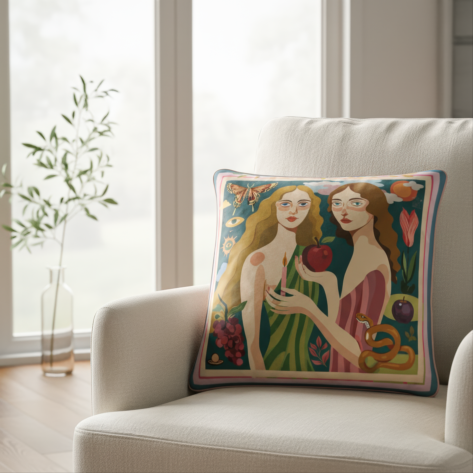 Decorative pillow with a classical artistic design of two figures, an apple, and a snake on a beige couch. design by NOE MI