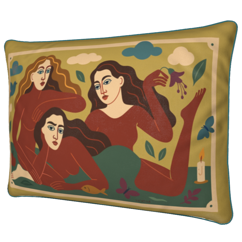 Decorative rectangular luxury velvet pillow/cushion with artistic design of three women and various elements on a green background.