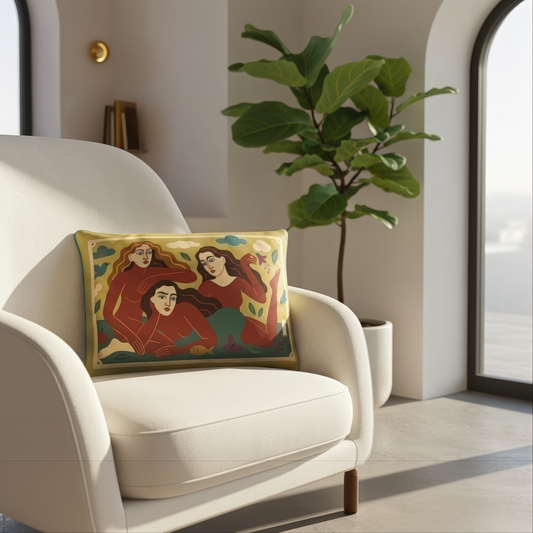 home decor rectangular cushion inspired by Noemi Safir artwork, crafted with symbolic  storytelling art and emotion into every space. By NOE MI
