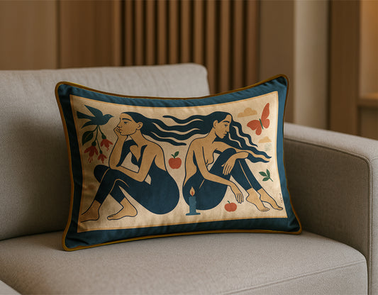 Decorative rectangular luxury velvet pillow/cushion in yellow with artistic design of two women on a beige couch.