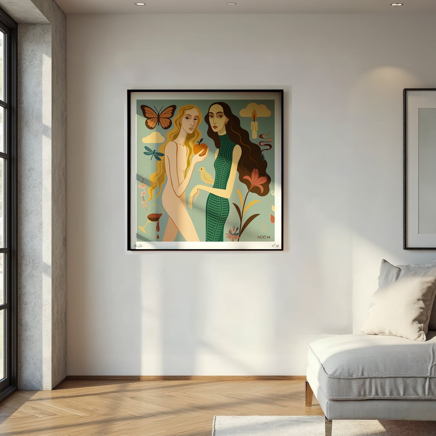 Framed Wall art print by NOE MI of two women with a butterfly and mushroom in a modern living room.