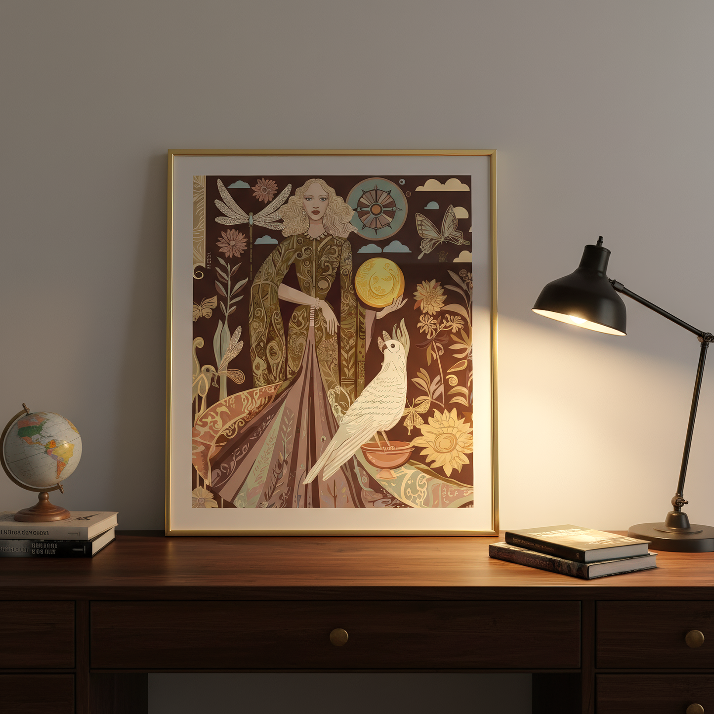 Premium giclée print of a powerful female figure with moon and parrot, ideal for modern spaces, healing studios, or soulful home styling. by NOE MI