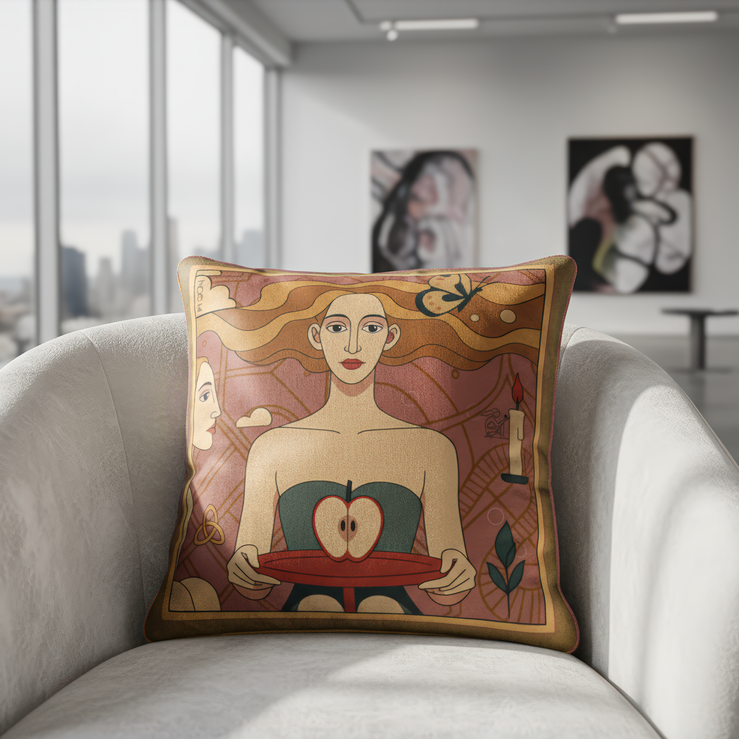NOE MI square velvet art cushion titled "The Forbidden Apple", featuring a stylized woman holding a split apple in symbolic reference to temptation and inner power, perfect for bold modern interiors.