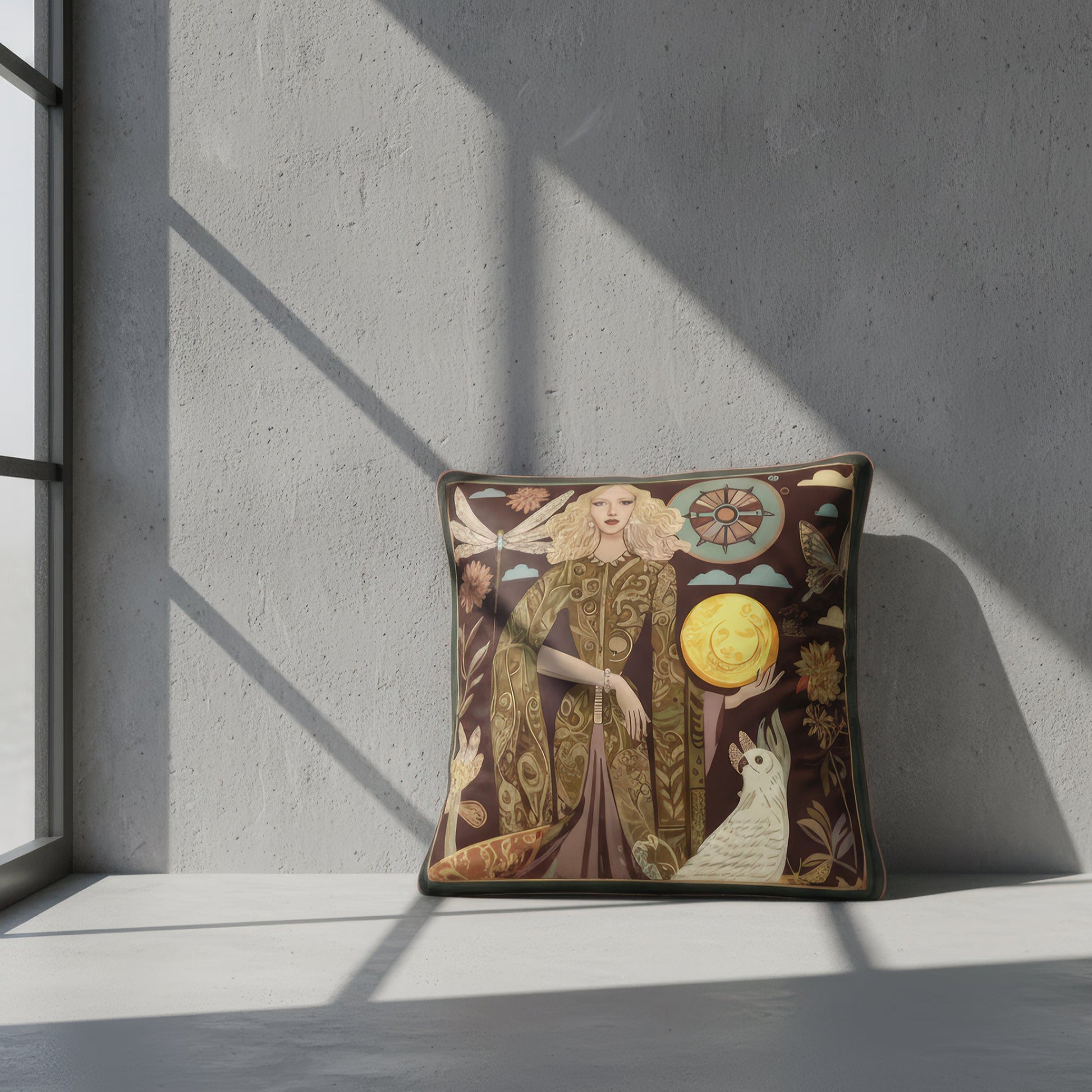 High-end art cushion with earth tones and gold accents from NOE MI, inspired by lunar wisdom, emotional depth, and surreal storytelling.