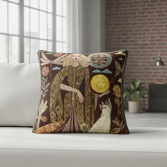 NOE MI artistic home decor square cushion with mystical symbols, perfect for design-forward homes seeking meaning and visual poetry in everyday spaces.