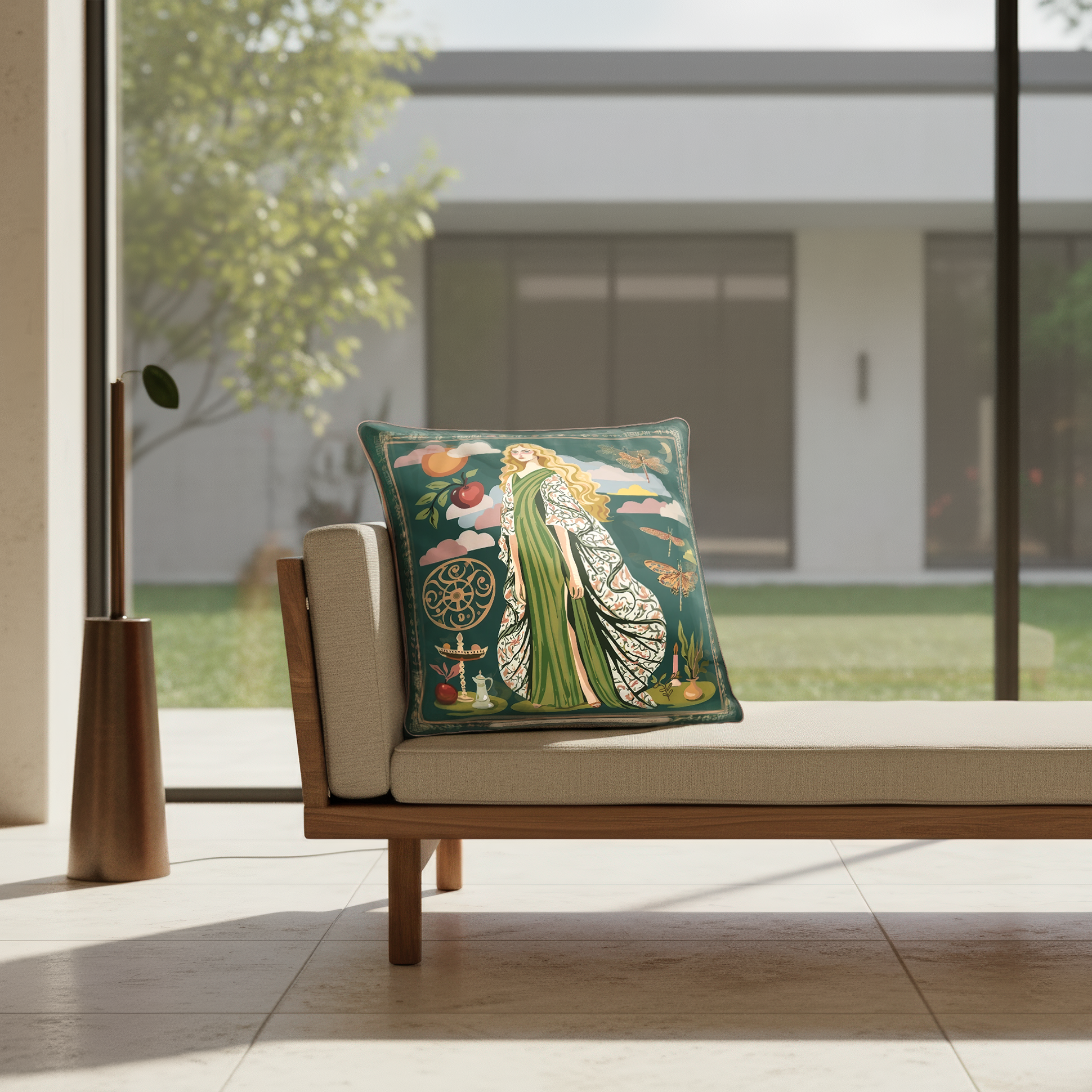 NOE MI luxury decorative cushion, Gown Stories artwork with symbolic female figure, dragonflies, and apple, velvet designer pillow for global interiors.