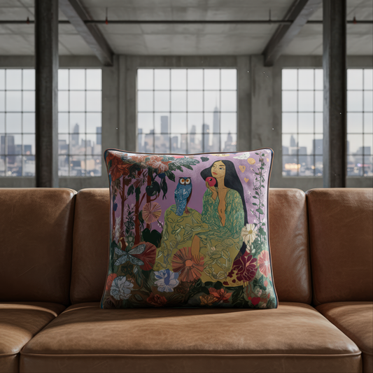 Elegant designer pillow by NOE MI, featuring a rich illustration of an owl and female figure, blending art, wisdom, and femininity.