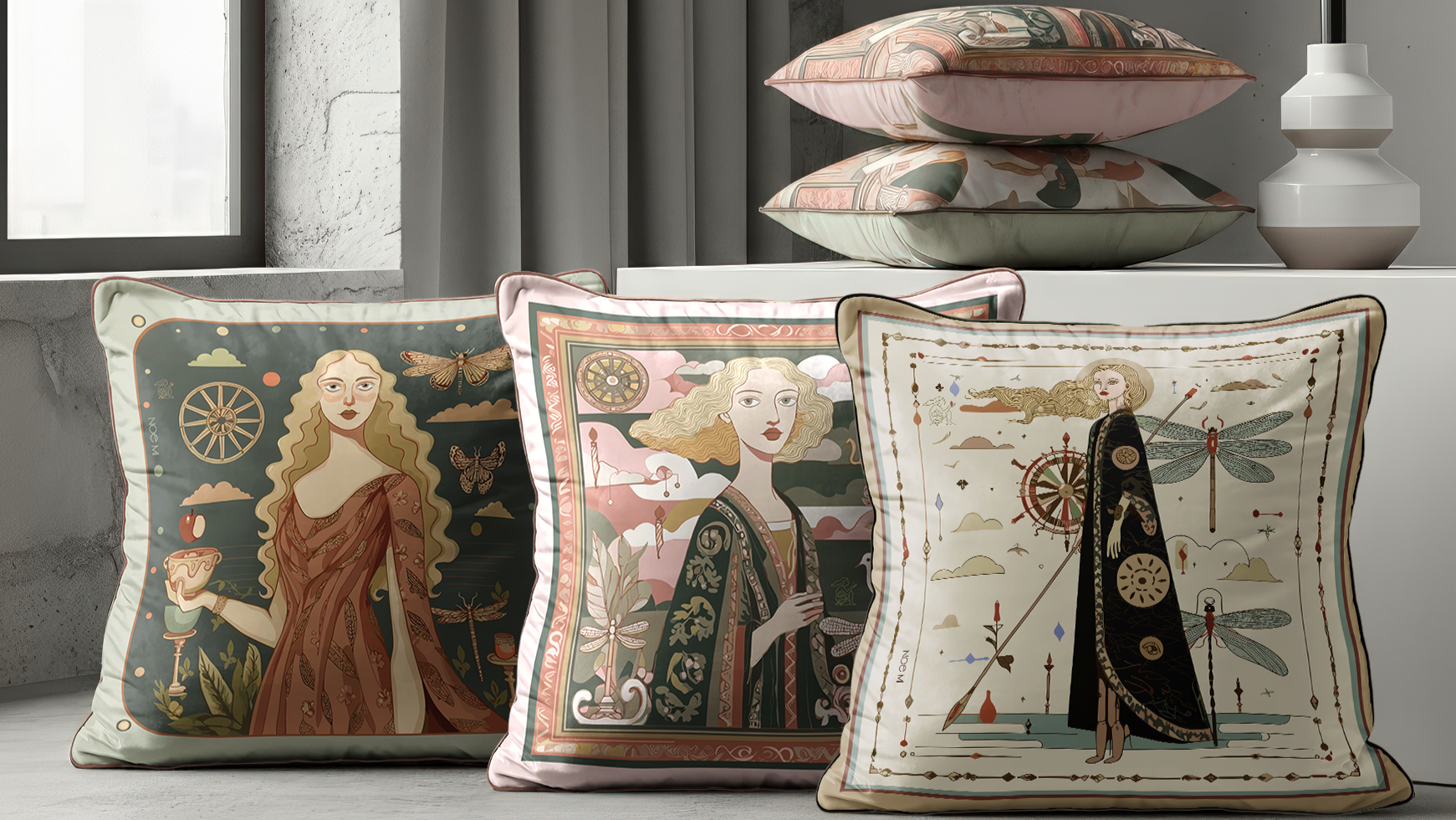 Decorative NOE MI pillows with artistic designs on a surface