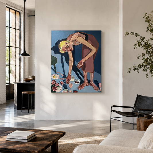 After Everyone Left by Noemi Safir, original painting from Drama Looks Good on Us, featuring a woman bending over a table after a shared encounter has ended.