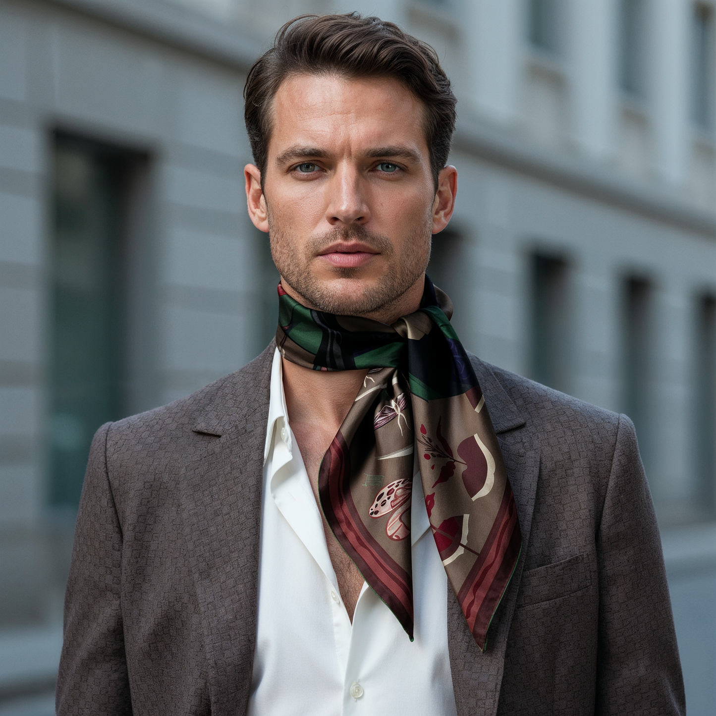 NOE MI Ginger Lace Gothic men’s silk scarf is a premium square silk scarf that elevates outfits with deep tones, subtle contrast, and refined artistic detail.