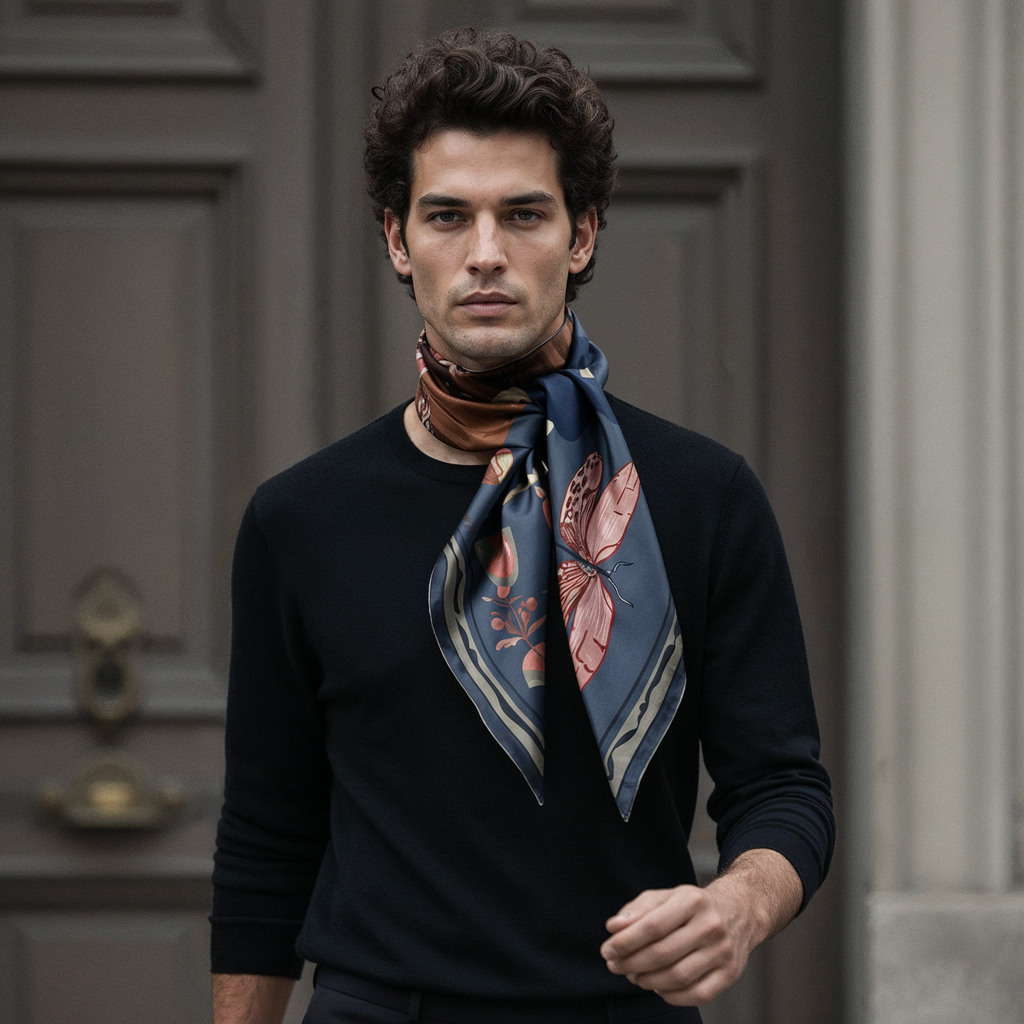 NOE MI Ginger Lace Indigo men’s silk scarf is a refined fashion piece that blends elegance, earthy color harmony, and symbolic imagery in a balanced design.