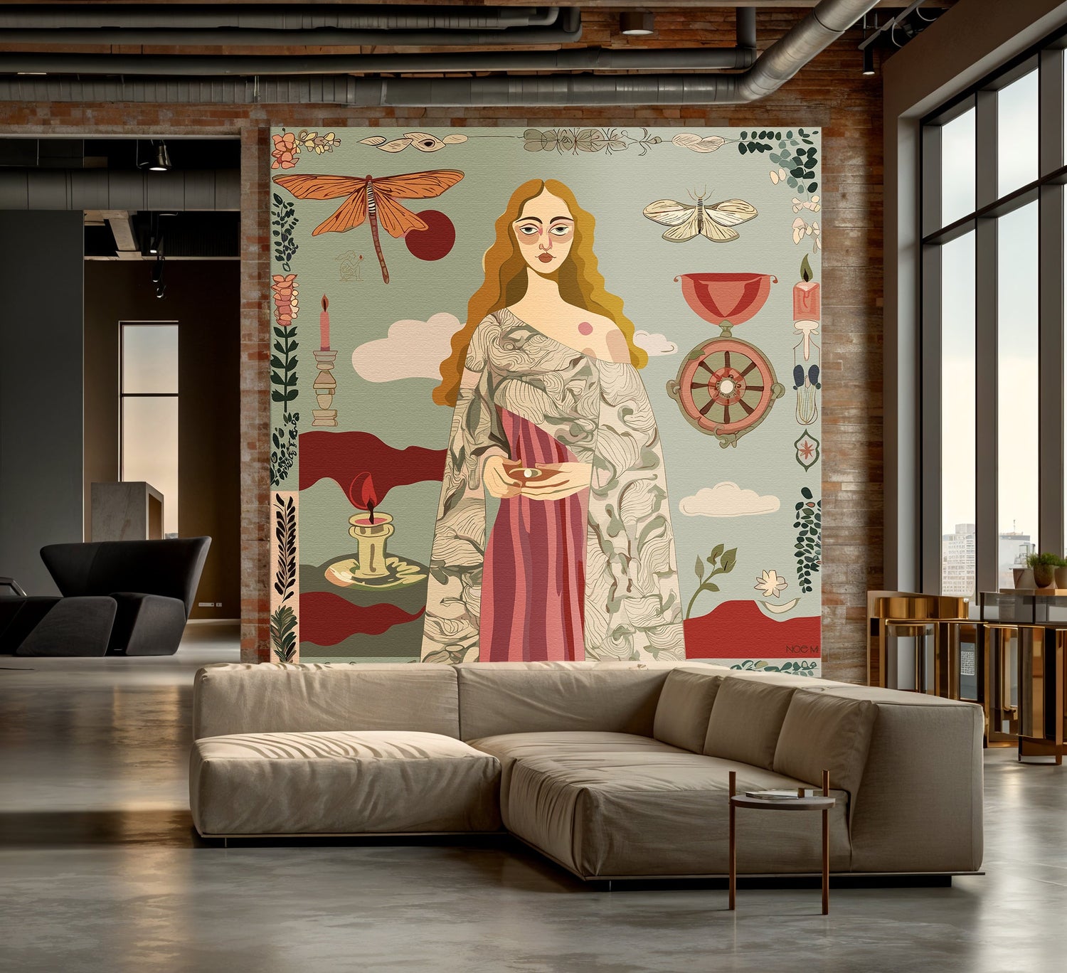 Modern living room with a large abstract NOE MI wall art print on the wall above a beige sectional sofa.