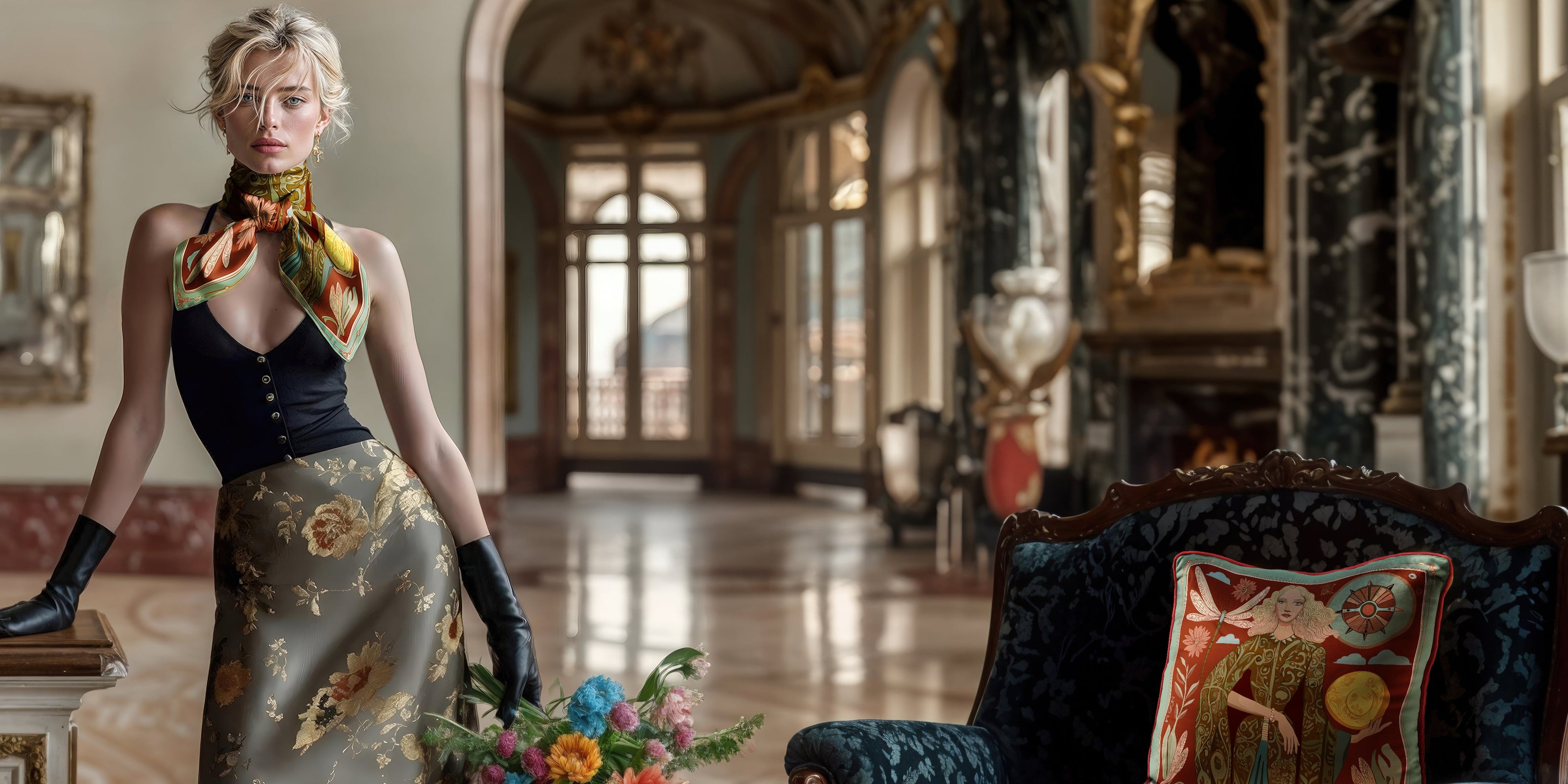 Woman in a stylish outfit standing in an elegant room with decorative elements wearing a NOE MI silk scarf
