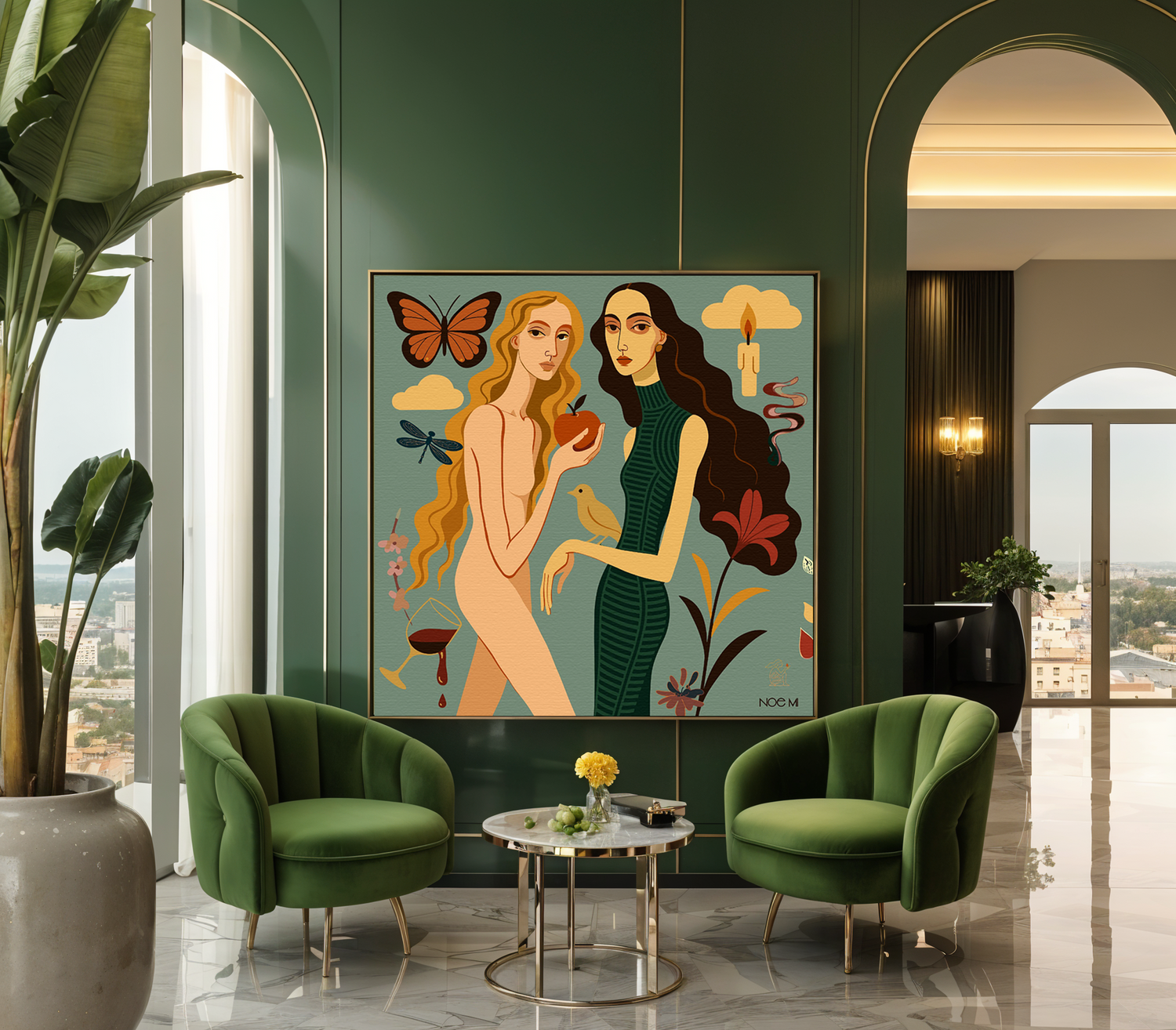 Modern interior with green chairs, a small table, and a large wall art piece in a stylish room.